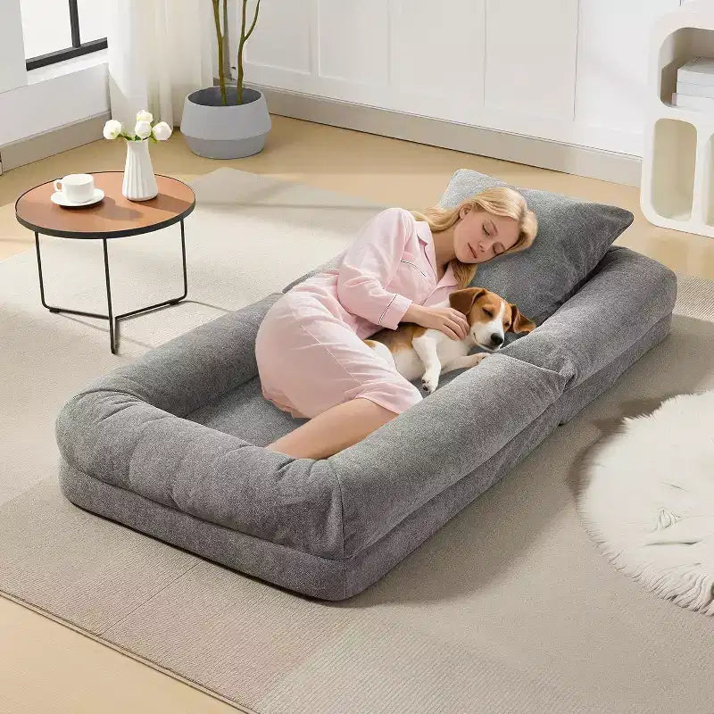 Divano Reclinabile da Pavimento in ciniglia Regolabile – Beige/Nero/Marrone/Grigio, Pieghevole a 5 Posizioni, per 1-2 Persone e Animali Domestici