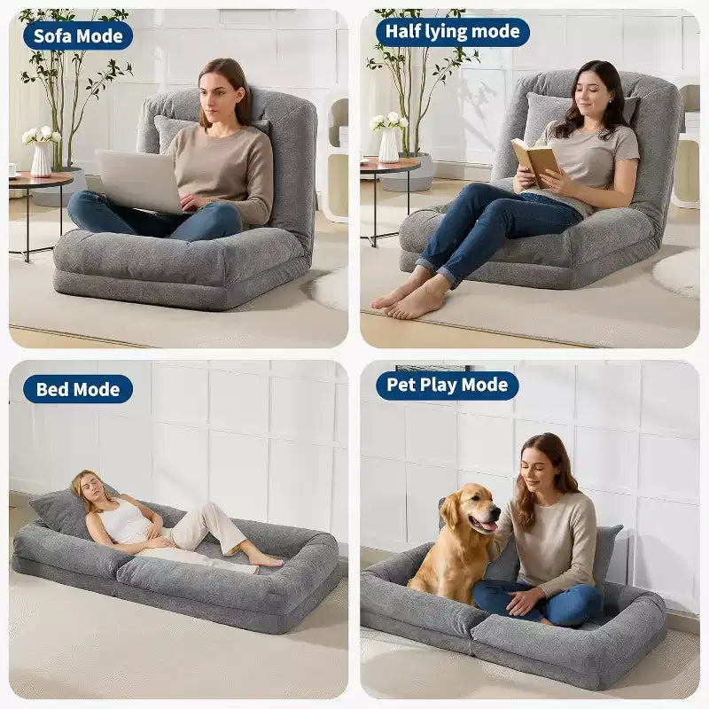 Divano Reclinabile da Pavimento in ciniglia Regolabile – Beige/Nero/Marrone/Grigio, Pieghevole a 5 Posizioni, per 1-2 Persone e Animali Domestici