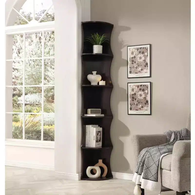Okak Coner Bookshelf, Bookcase with 5 Open Rounded Shelves, Freestanding Storage Organizer for Living Room, Office, Espresso