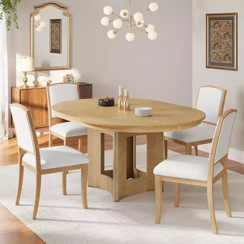 Set Tavolo da Pranzo Rotondo Allungabile, Espresso e Beige / Naturale e Beige, 4 Posti, 5 Pezzi