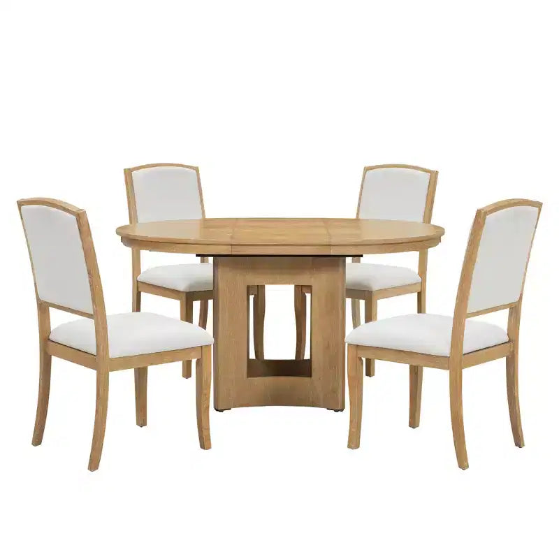 Set Tavolo da Pranzo Rotondo Allungabile, Espresso e Beige / Naturale e Beige, 4 Posti, 5 Pezzi