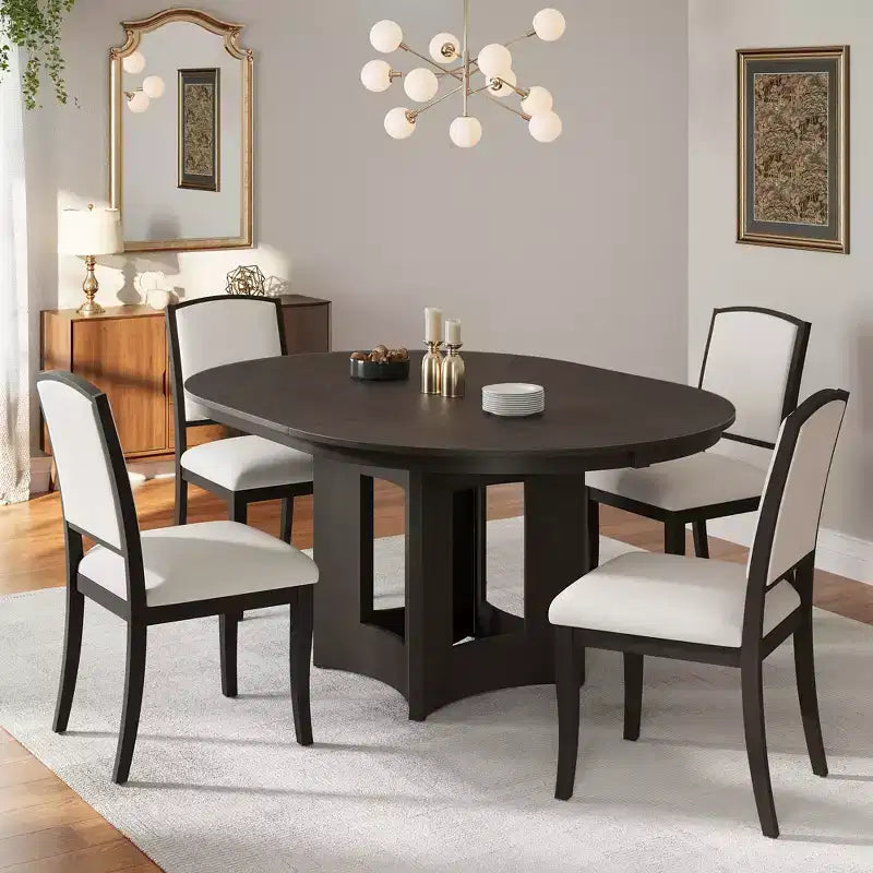 Set Tavolo da Pranzo Rotondo Allungabile, Espresso e Beige / Naturale e Beige, 4 Posti, 5 Pezzi
