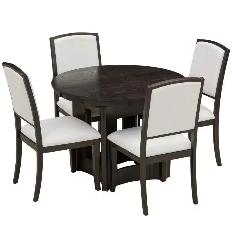 Set Tavolo da Pranzo Rotondo Allungabile, Espresso e Beige / Naturale e Beige, 4 Posti, 5 Pezzi