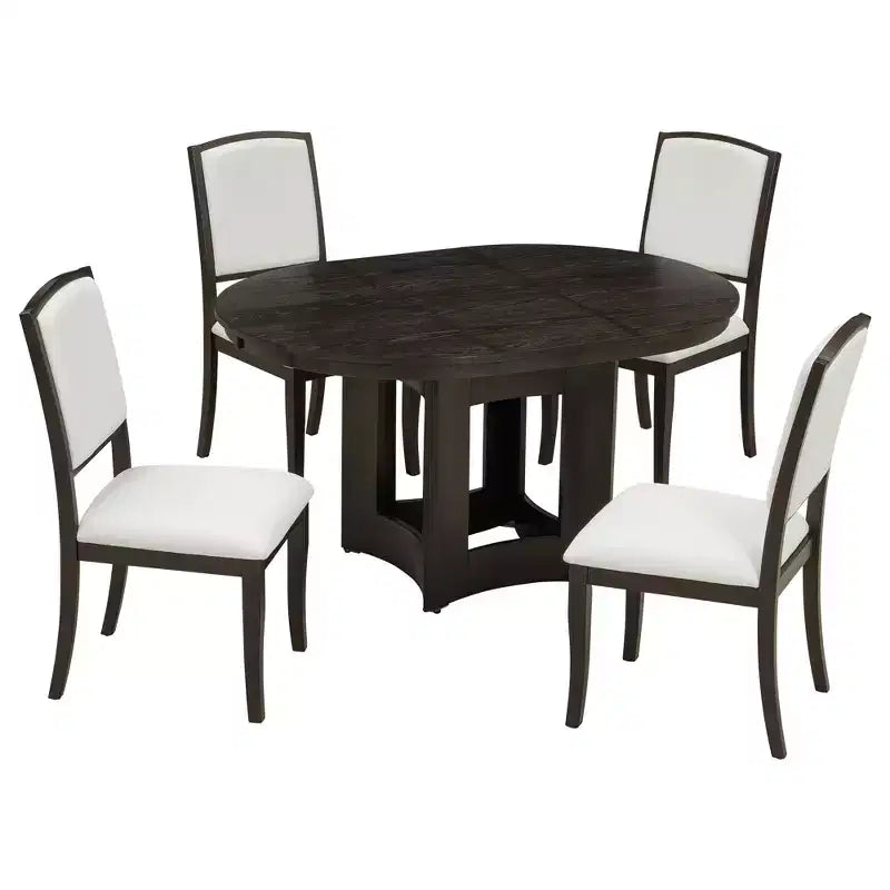 Set Tavolo da Pranzo Rotondo Allungabile, Espresso e Beige / Naturale e Beige, 4 Posti, 5 Pezzi