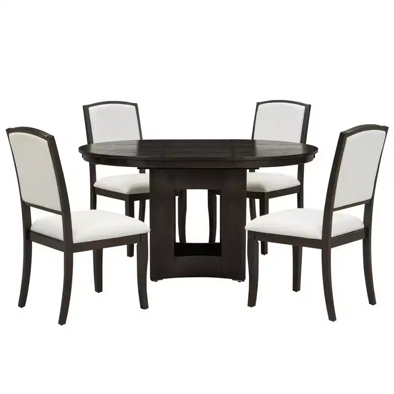 Set Tavolo da Pranzo Rotondo Allungabile, Espresso e Beige / Naturale e Beige, 4 Posti, 5 Pezzi