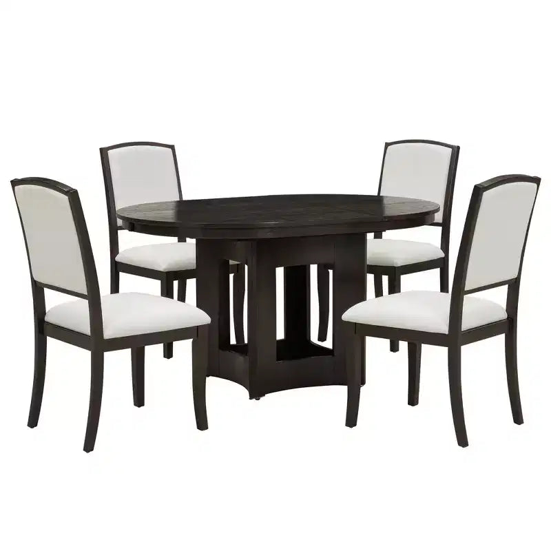 Set Tavolo da Pranzo Rotondo Allungabile, Espresso e Beige / Naturale e Beige, 4 Posti, 5 Pezzi