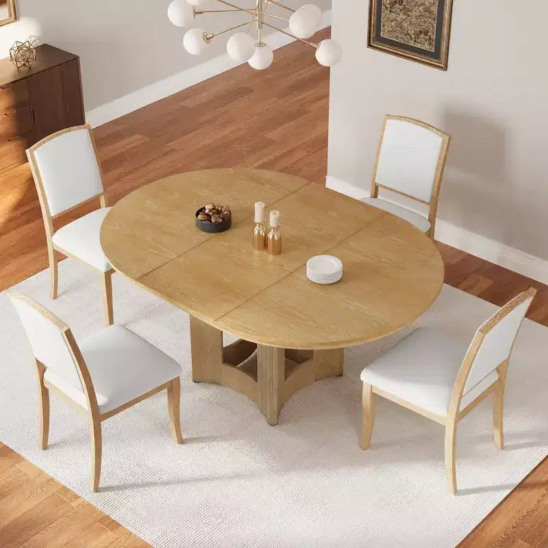 Set Tavolo da Pranzo Rotondo Allungabile, Espresso e Beige / Naturale e Beige, 4 Posti, 5 Pezzi