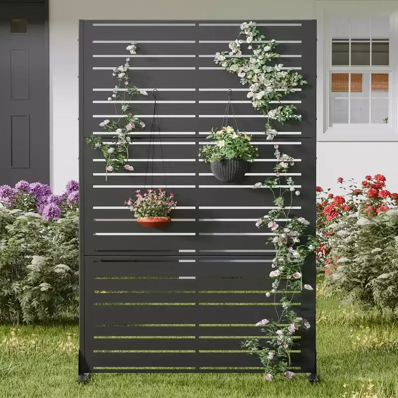 Paravento per la privacy in metallo a 6 pannelli a lamelle nere, 183 cm (H) x 119 cm (L), per 1 persona
