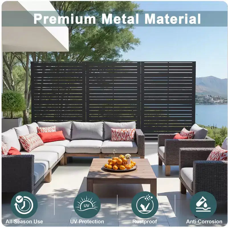 Paravento per la privacy in metallo a 6 pannelli a lamelle nere, 183 cm (H) x 119 cm (L), per 1 persona