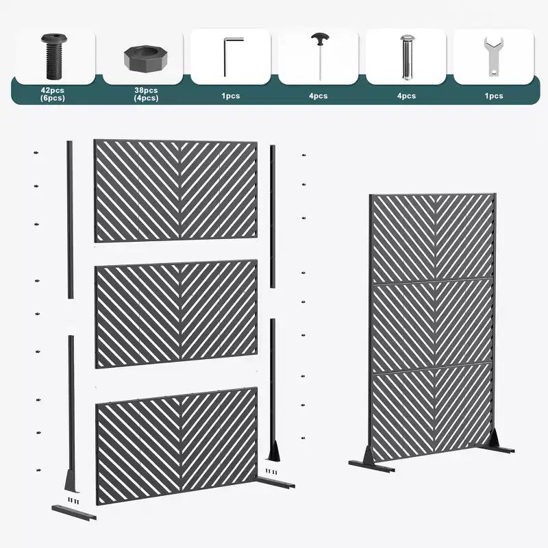 Paravento per la privacy in metallo a 6 pannelli a lamelle nere, 183 cm (H) x 119 cm (L), per 1 persona