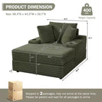 Chaise longue in velluto a coste con pouf contenitore e 3 cuscini, monoposto, grigio/verde chiaro