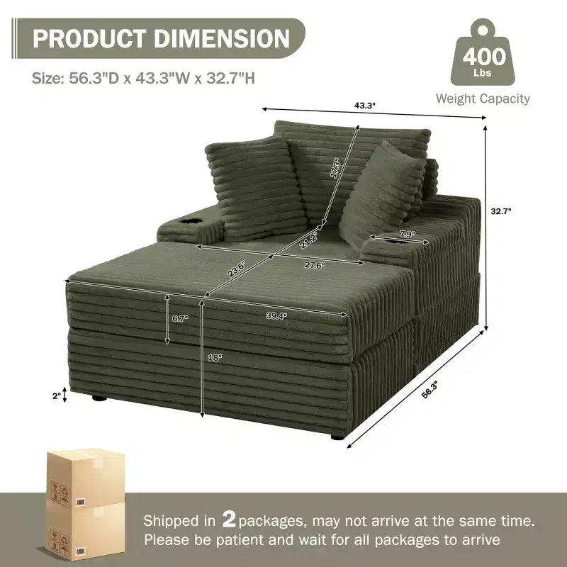 Chaise longue in velluto a coste con pouf contenitore e 3 cuscini, monoposto, grigio/verde chiaro