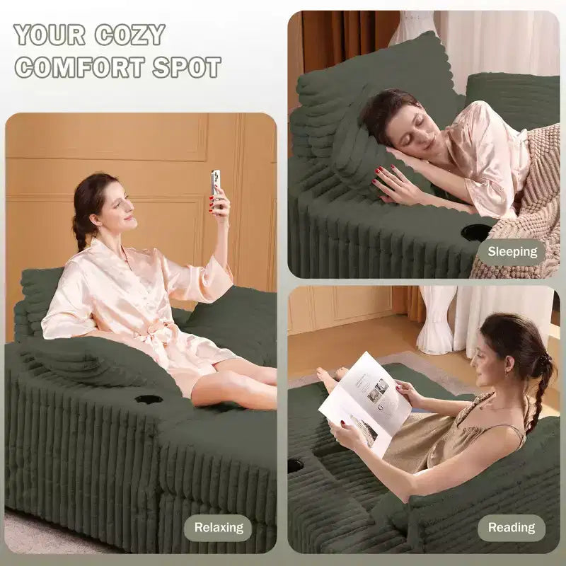 Chaise longue in velluto a coste con pouf contenitore e 3 cuscini, monoposto, grigio/verde chiaro