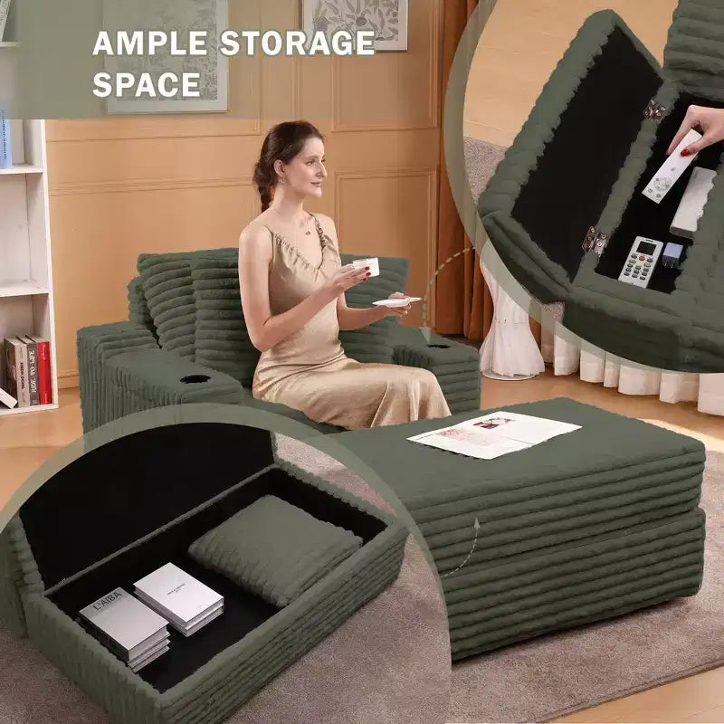 Chaise longue in velluto a coste con pouf contenitore e 3 cuscini, monoposto, grigio/verde chiaro