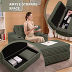 Chaise longue in velluto a coste con pouf contenitore e 3 cuscini, monoposto, grigio/verde chiaro