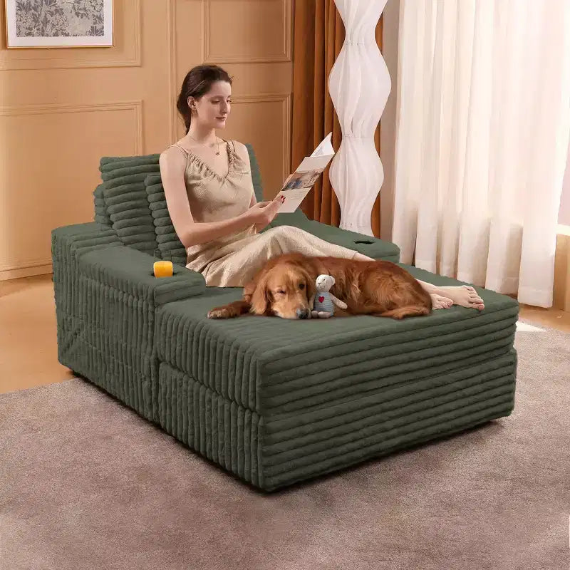 Chaise longue in velluto a coste con pouf contenitore e 3 cuscini, monoposto, grigio/verde chiaro