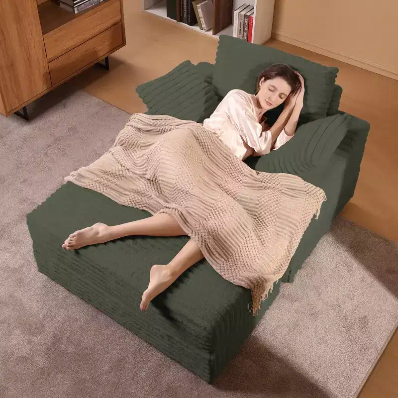 Chaise longue in velluto a coste con pouf contenitore e 3 cuscini, monoposto, grigio/verde chiaro