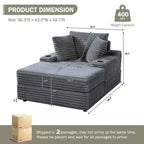 Chaise longue in velluto a coste con pouf contenitore e 3 cuscini, monoposto, grigio/verde chiaro