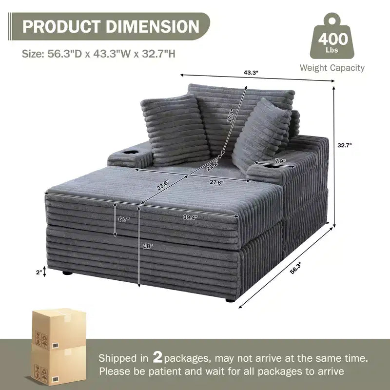 Chaise longue in velluto a coste con pouf contenitore e 3 cuscini, monoposto, grigio/verde chiaro