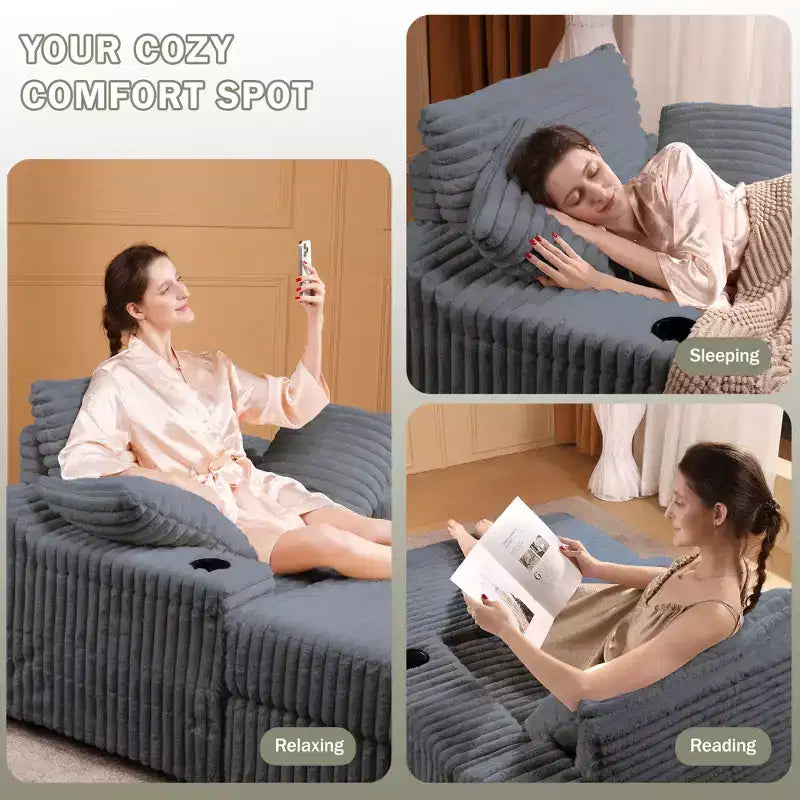 Chaise longue in velluto a coste con pouf contenitore e 3 cuscini, monoposto, grigio/verde chiaro