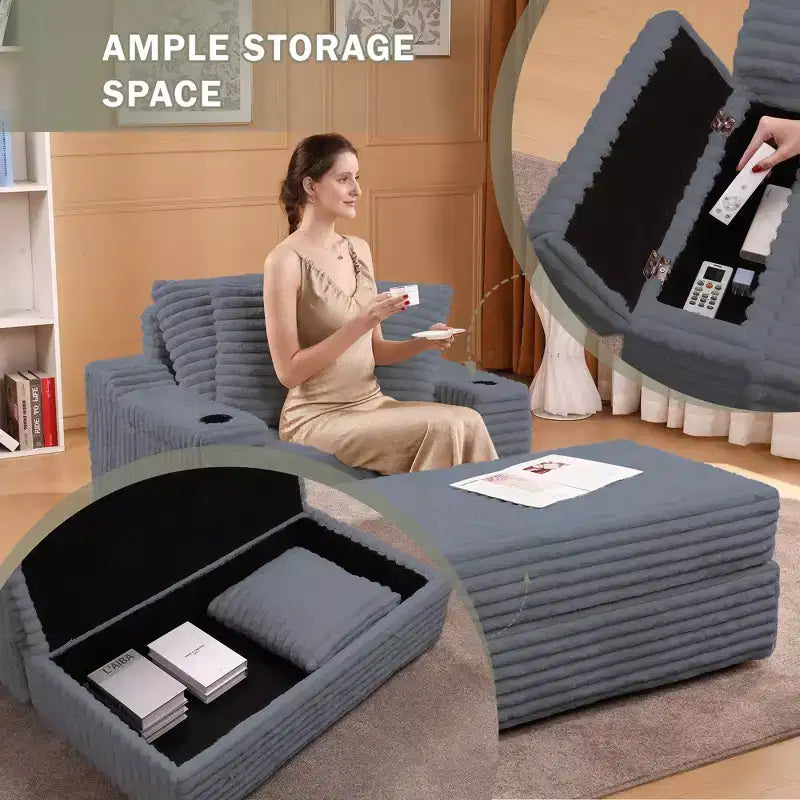 Chaise longue in velluto a coste con pouf contenitore e 3 cuscini, monoposto, grigio/verde chiaro