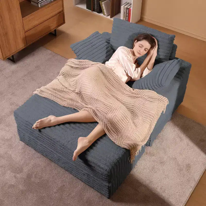 Chaise longue in velluto a coste con pouf contenitore e 3 cuscini, monoposto, grigio/verde chiaro