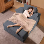 Chaise longue in velluto a coste con pouf contenitore e 3 cuscini, monoposto, grigio/verde chiaro