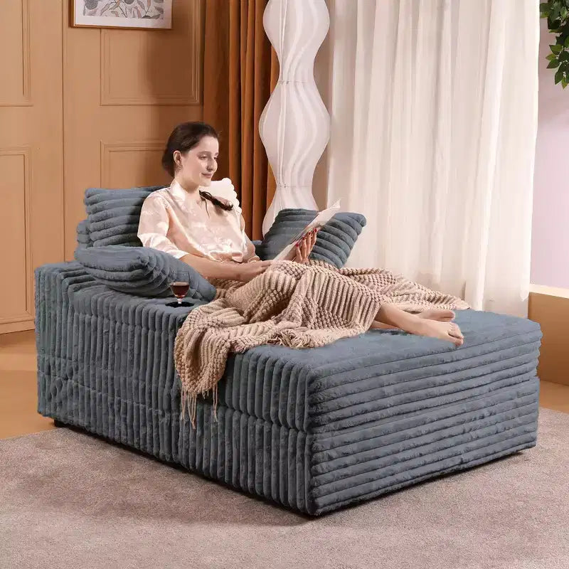 Chaise longue in velluto a coste con pouf contenitore e 3 cuscini, monoposto, grigio/verde chiaro