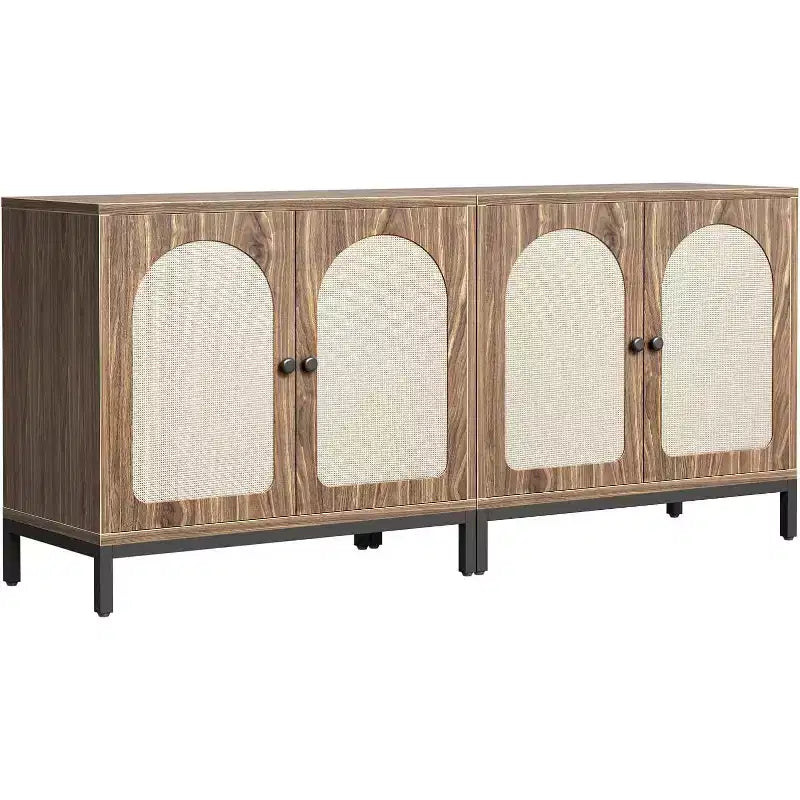 Madia in Rattan Marrone, Set da 2, con 4 Ante e Ripiano Regolabile
