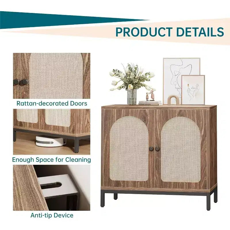 Madia in Rattan Marrone, Set da 2, con 4 Ante e Ripiano Regolabile