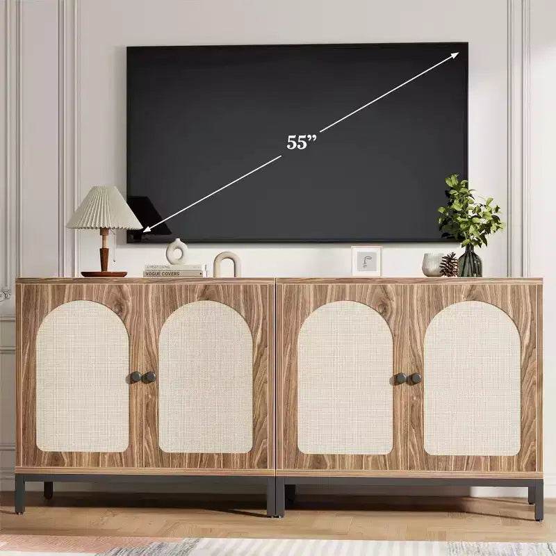 Madia in Rattan Marrone, Set da 2, con 4 Ante e Ripiano Regolabile
