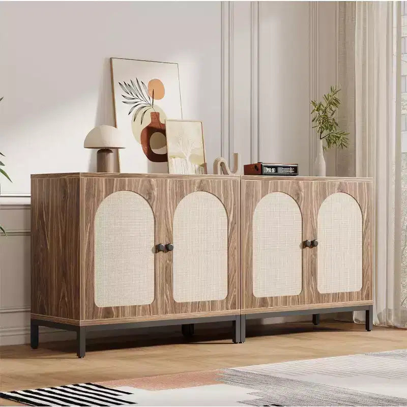 Madia in Rattan Marrone, Set da 2, con 4 Ante e Ripiano Regolabile