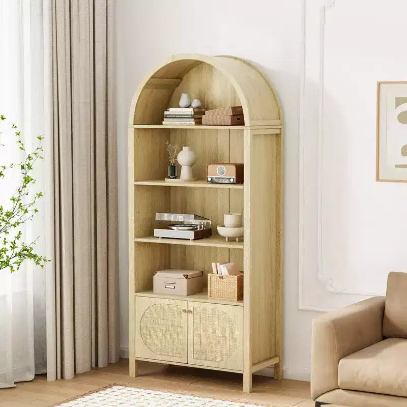 Vetrinetta ad arco in rovere chiaro e rattan, 3 ripiani con 2 ante, pezzo unico