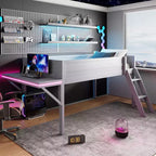 Letto a soppalco Grey Gaming con LED e scrivania, singolo/una piazza e mezza