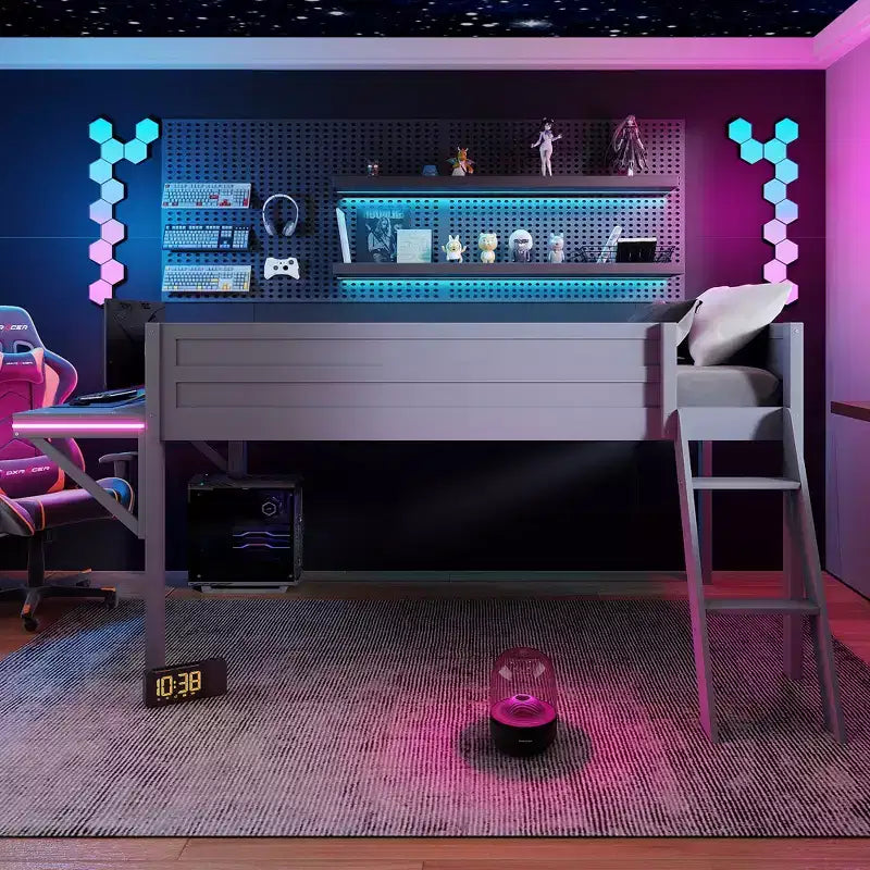 Letto a soppalco Grey Gaming con LED e scrivania, singolo/una piazza e mezza