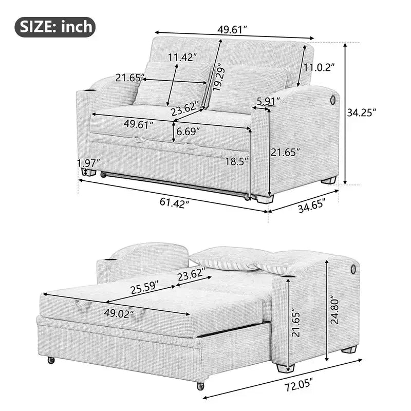 Divano letto convertibile grigio/grigio chiaro con USB e portabicchieri, 2 posti