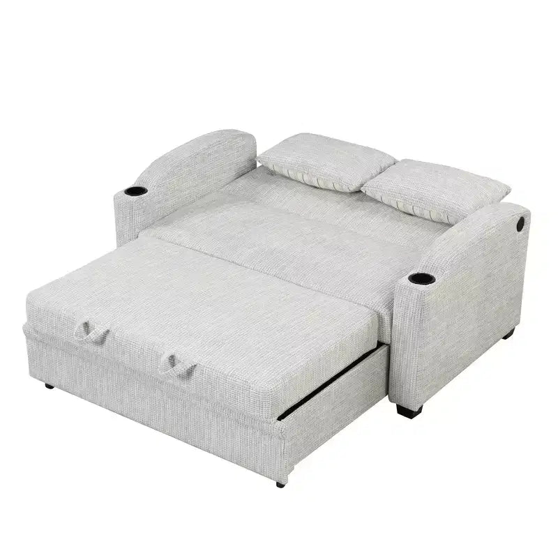 Divano letto convertibile grigio/grigio chiaro con USB e portabicchieri, 2 posti