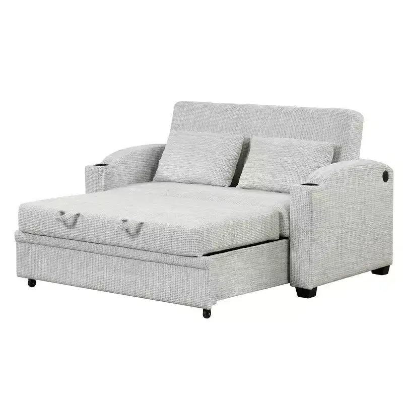 Divano letto convertibile grigio/grigio chiaro con USB e portabicchieri, 2 posti