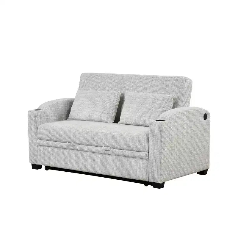 Divano letto convertibile grigio/grigio chiaro con USB e portabicchieri, 2 posti