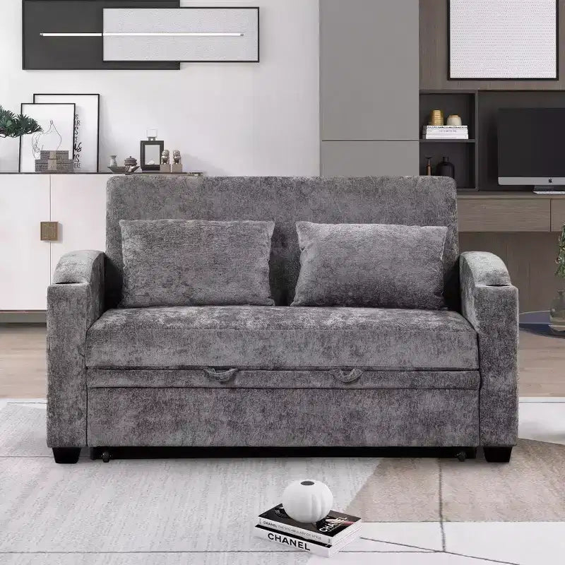 Divano letto convertibile grigio/grigio chiaro con USB e portabicchieri, 2 posti