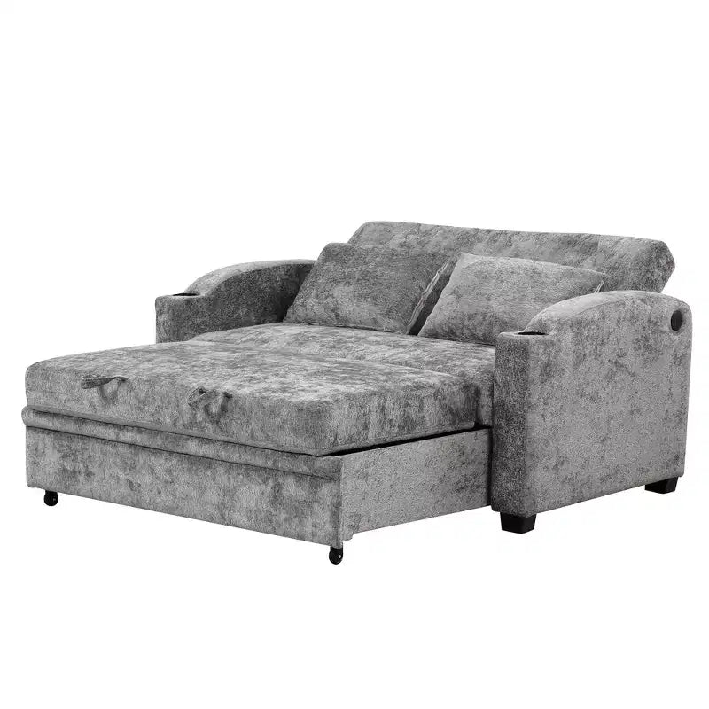 Divano letto convertibile grigio/grigio chiaro con USB e portabicchieri, 2 posti