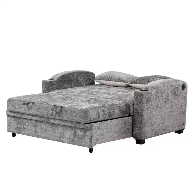 Divano letto convertibile grigio/grigio chiaro con USB e portabicchieri, 2 posti