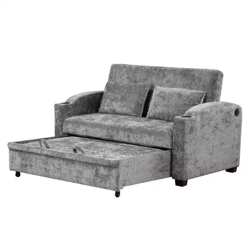 Divano letto convertibile grigio/grigio chiaro con USB e portabicchieri, 2 posti