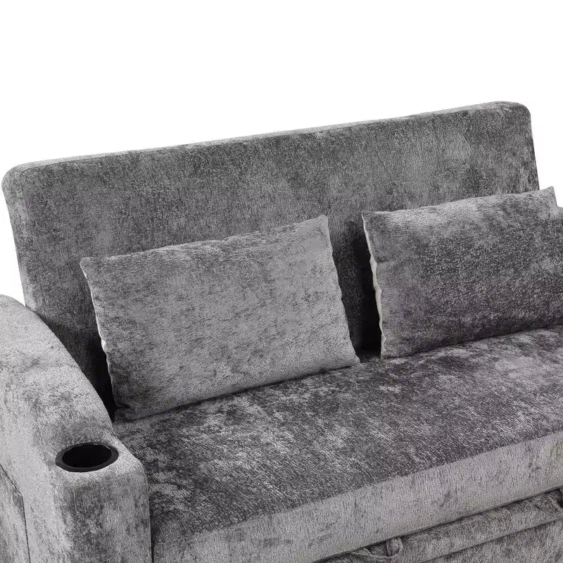 Divano letto convertibile grigio/grigio chiaro con USB e portabicchieri, 2 posti