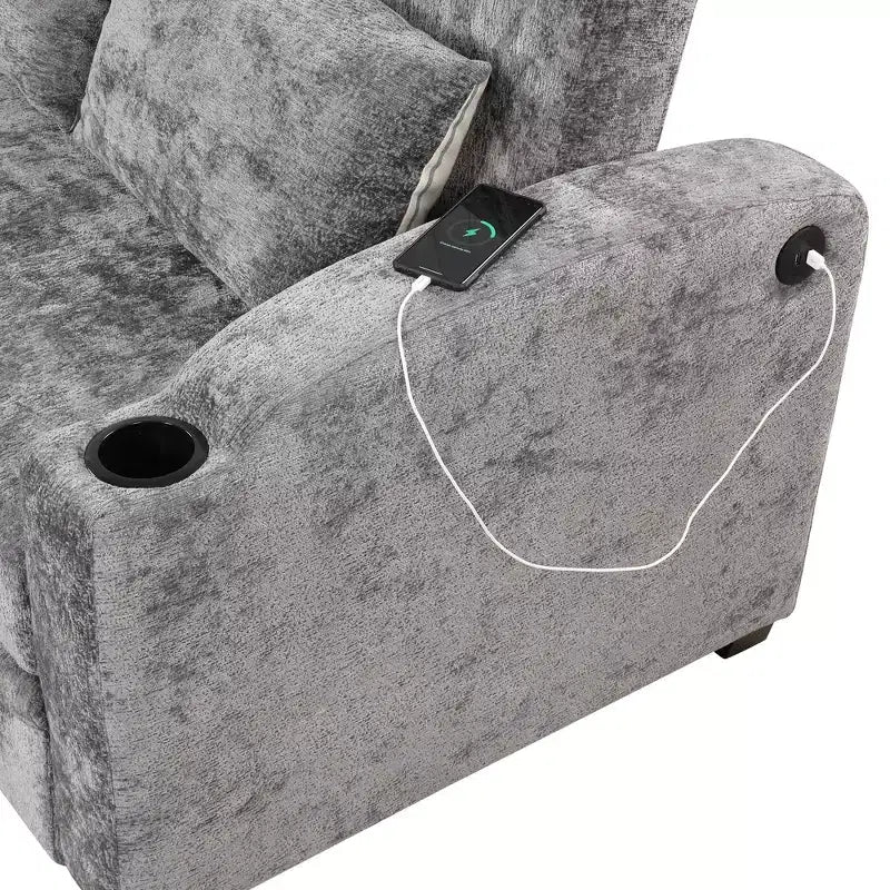 Divano letto convertibile grigio/grigio chiaro con USB e portabicchieri, 2 posti