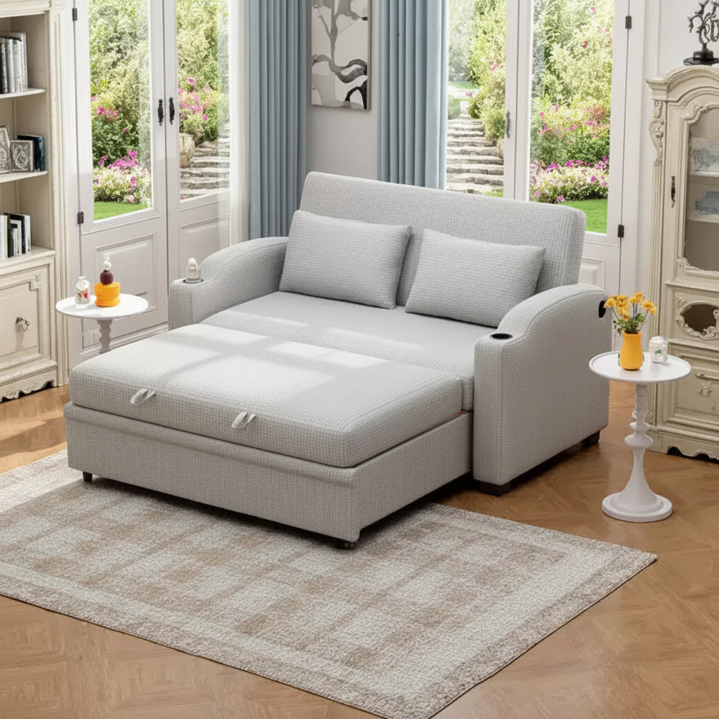 Divano letto convertibile grigio/grigio chiaro con USB e portabicchieri, 2 posti