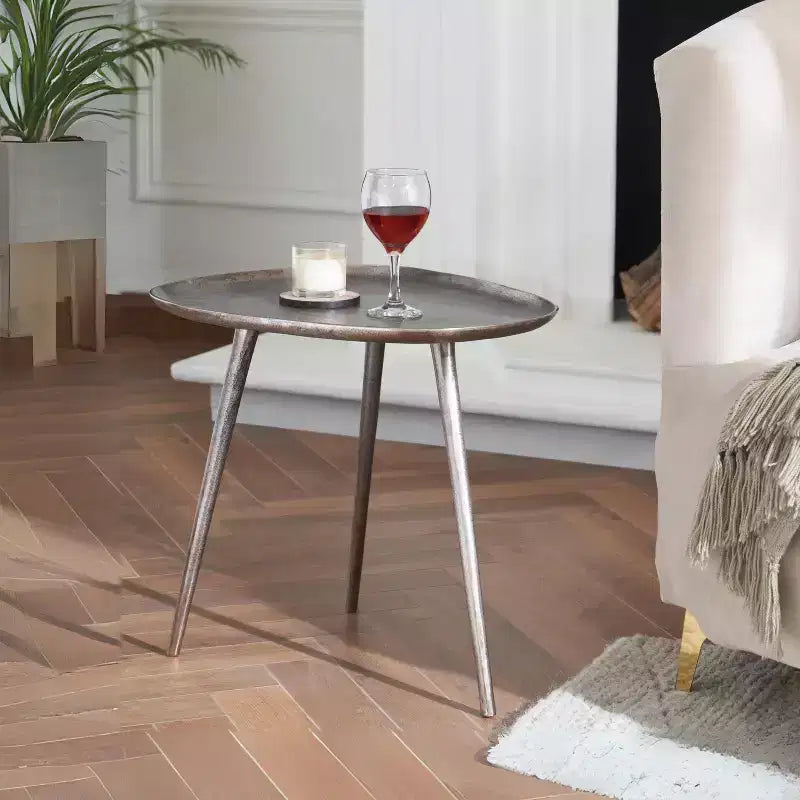 Tavolino tondo in metallo argento, stile moderno, singolo