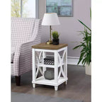 HomeStock Belmont End Table with Shelves Italian Inspired X-Side Design Two-Tier Storage Solid Rubberwood with Oak Veneer Accent Table