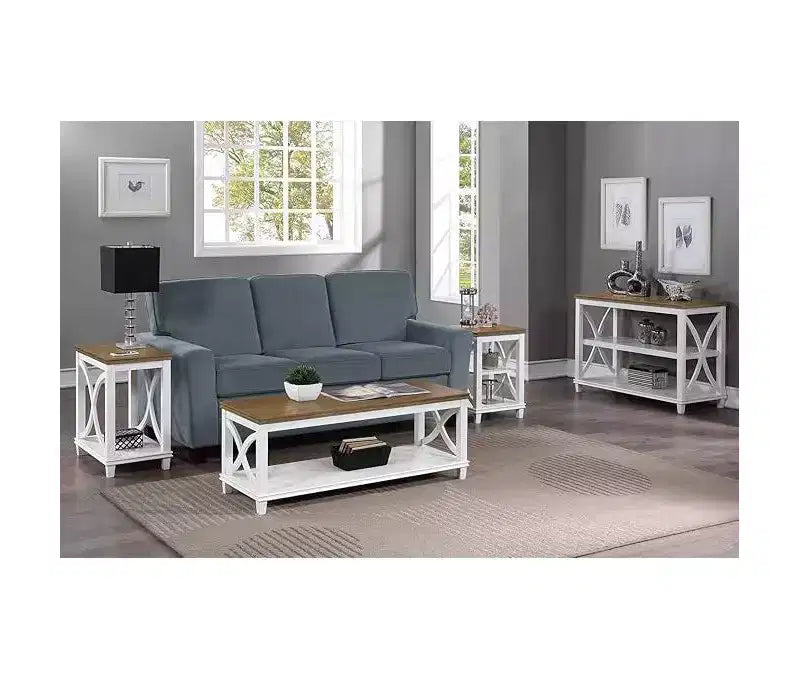 Tavolino da salotto bianco in legno con ripiani, design a X laterale, montaggio a 1 persona