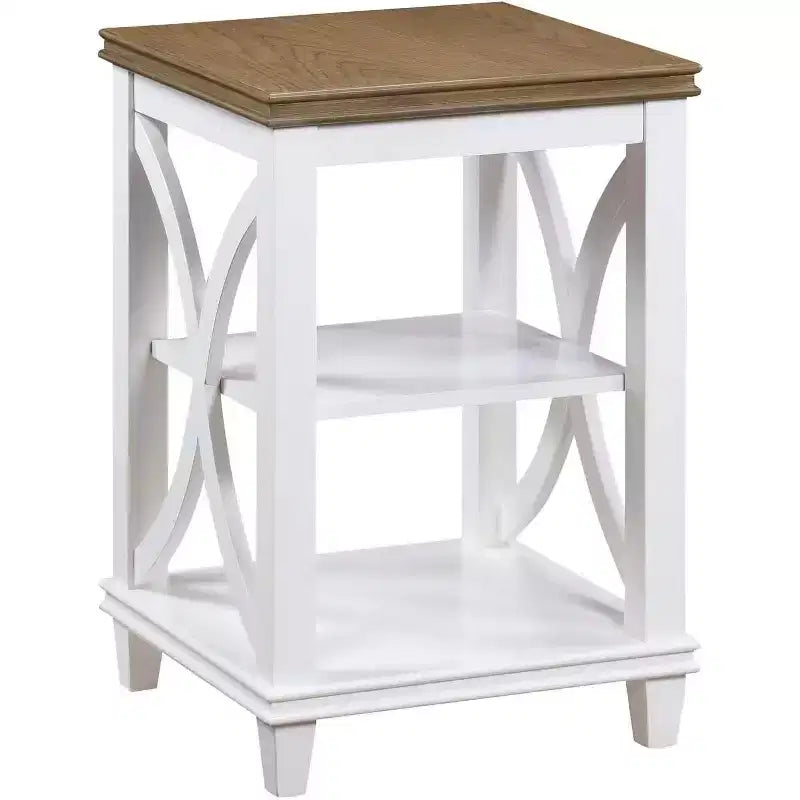 Tavolino da salotto bianco in legno con ripiani, design a X laterale, montaggio a 1 persona